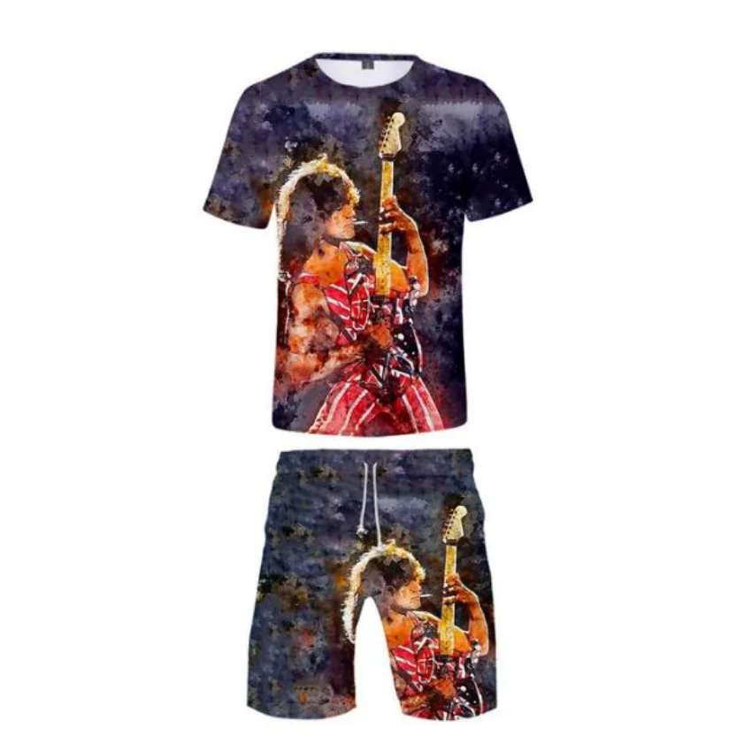 Eddie van halen 3d print sommer kurzarm t-shirt und strand shorts zweiteiliges set casual sportswear 2 stücke set