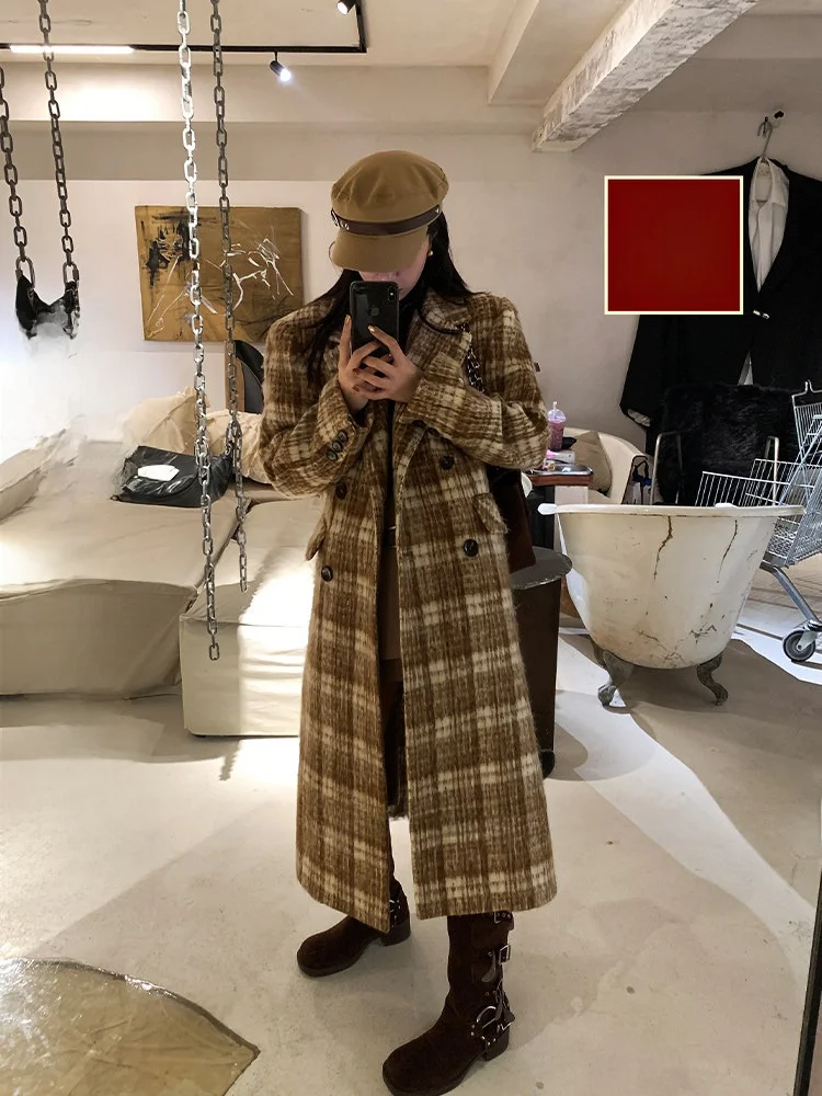 

Slimming Plaid Color Blo Woolen Coat Women's Autumn Winter New Sle 2023 Korean Version Straight Cut Long Sve Double Br...