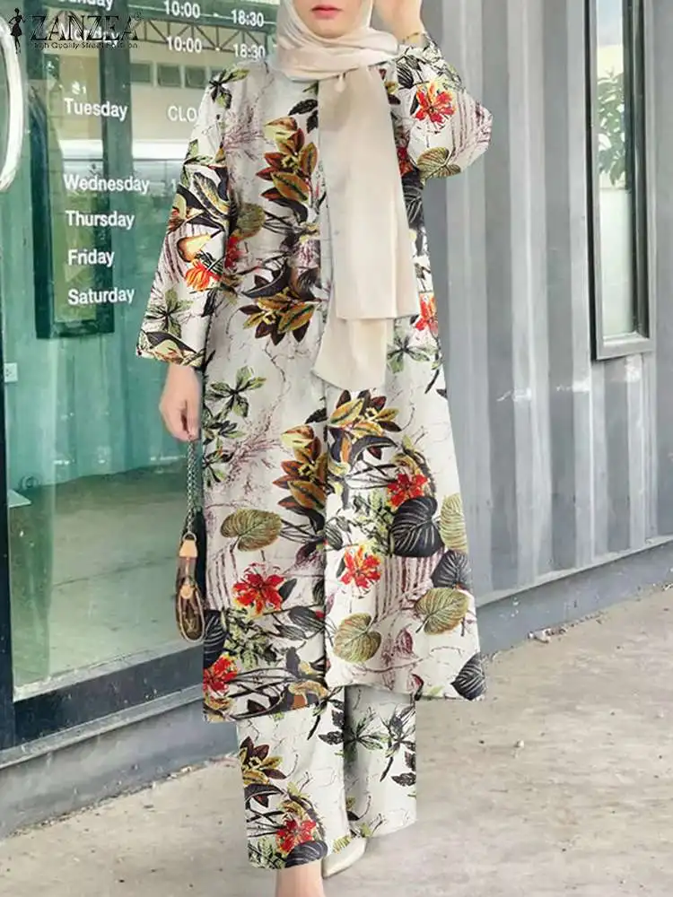 ZANZEA Vintage kobiety z długim rękawem bluzka Pant zestawy 2 sztuk Floral wydrukowano luźne Outifits Retro spodnie na codzień garnitur muzułmańskie