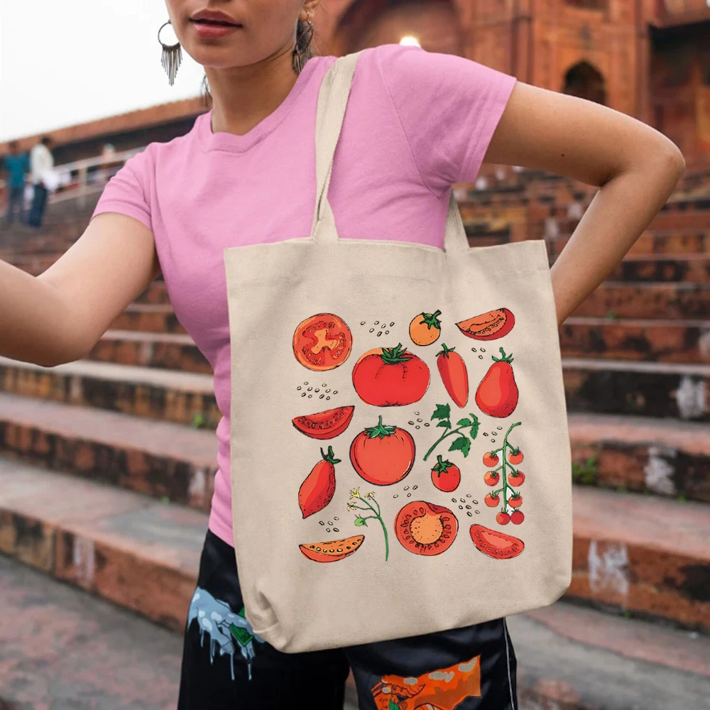 Tomato Fruit Sticker Botanical Print Designs Womens Handbags Vegan Lover Canvas Tote Bags  Reusable Grocery So Cute Grocery Bags