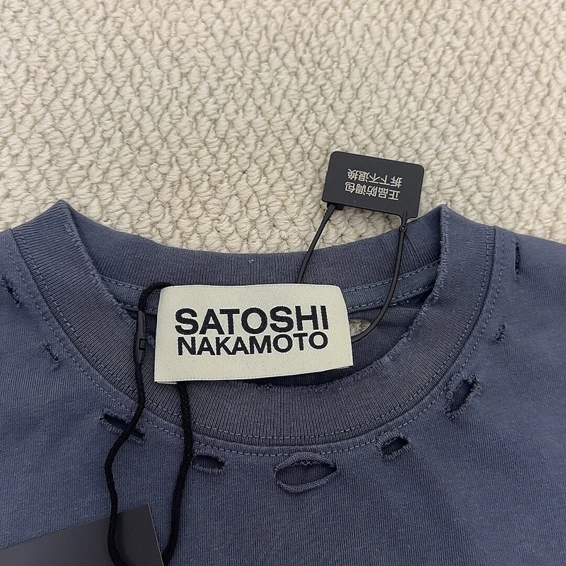 Satoshi Tshirts Rock Earth Letter Printed Vintage Loose Men Women T-shirts Washed Hole Short Sleeve Tops Summer Streetwear
