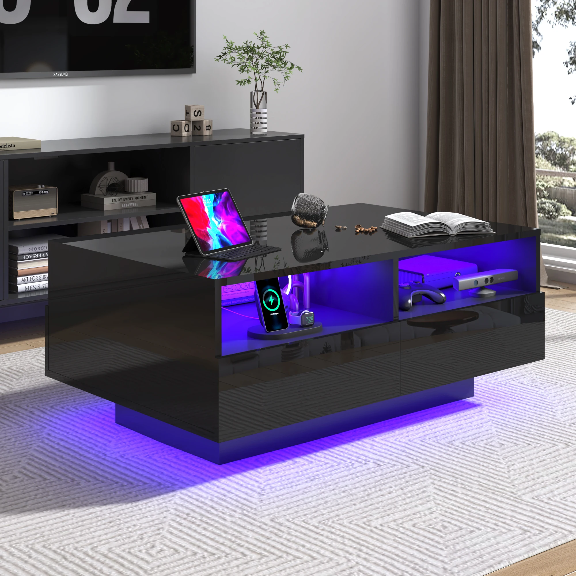 LED Coffee Table with 4 Storage Drawers, Modern High Glossy Center Table with Charging Station and Open Shelf for Living Room