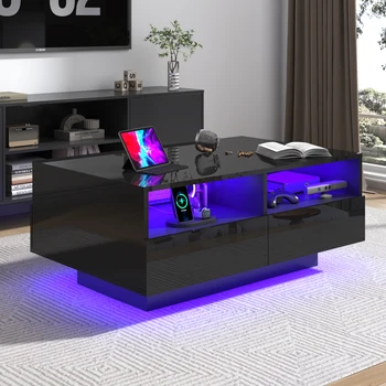 Image LED Coffee Table with 4 Storage Drawers, Modern High Glossy Center Table with Charging Station and Open Shelf for Living Room