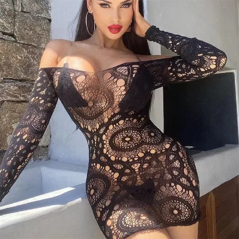 Fishnet Hollow-out Open Bra Crotchless Underwear For Sex Lace Transparent Sexy Lingerie Plus Size Bodysuit Babydoll Dress Erotic