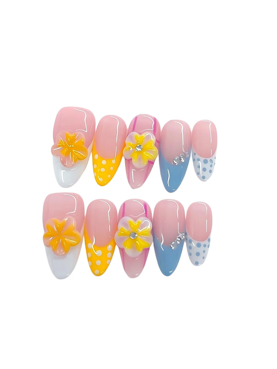 

3D Floral Rhinestone Press on Nails - Colorful Mixed Pattern Long Coffin False Nails for Women（D510）