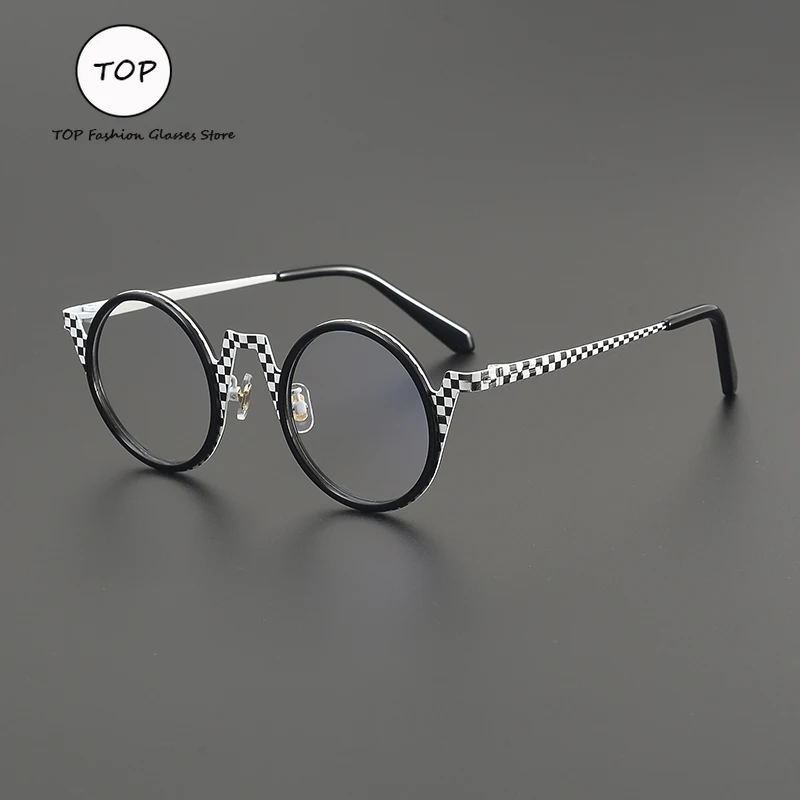 

New Vintage Round Pure Titanium Frames Fashion Checkerboard Pattern Retro Optical Glasses Men Women Trendy Eyewear Spectacles