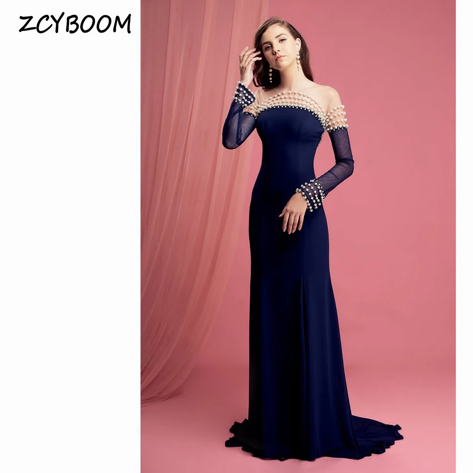 Elegante azul marinho o-pescoço mangas completas pérolas vestido de noite 2025 a linha até o chão varredura trem chiffon zíper vestido de baile