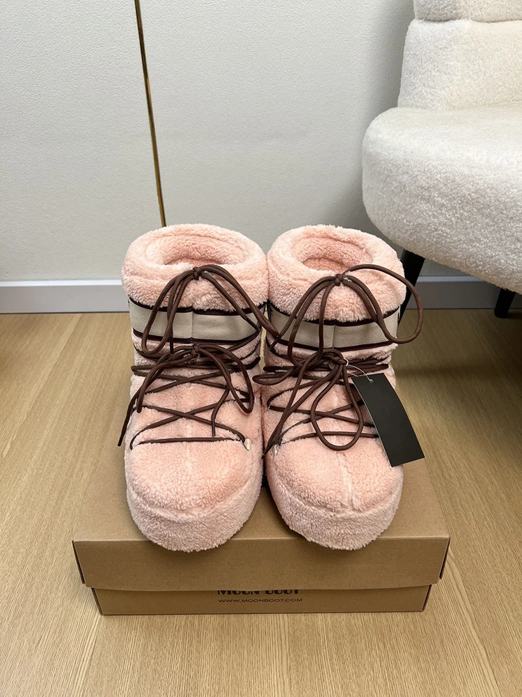 

Spenneooy AutumnWinter New Style Snow Boots Lace Up Plush Shorts Boots Woman Fashion pink Versatile Warm Snow Boots