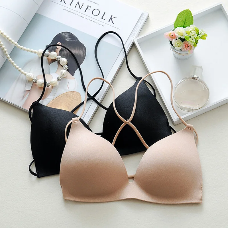 Women Fashion Stretch Wireless Push Up Bra Bralette Top Sexy Cross Strap Women Casual Padded Lingerie Underwear