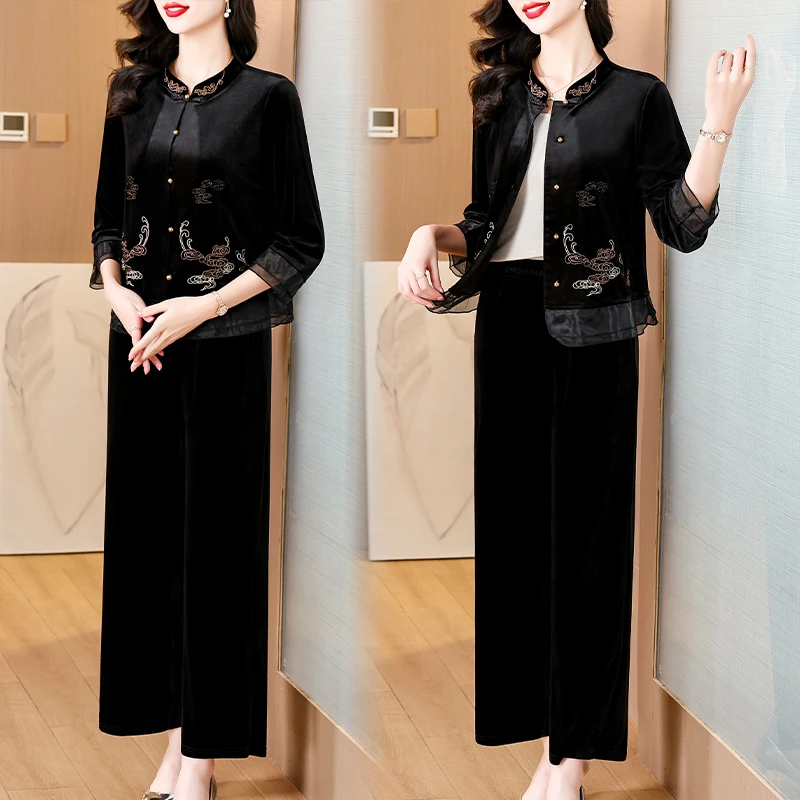 AIMEILI Women Autumn & Winter Elegant Embroidery Velvet Pant Suit Set Female Office Two Piece Set Mesh Designer Two-piece Suits