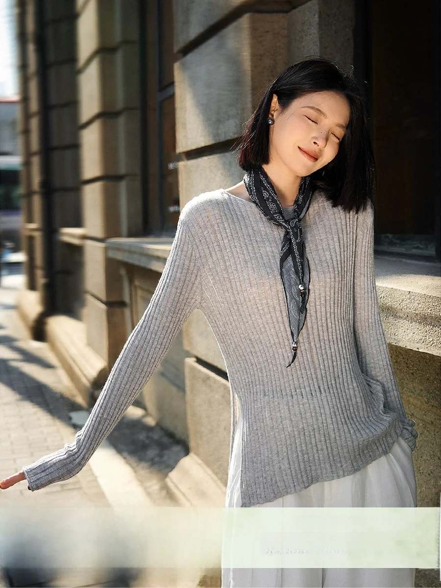 

Loose Fit Wool Blend Knitted Top Side Split Design Lazy Style Pullover Casual Wear Soft Polyester Fiber Long Sleeve round Neck