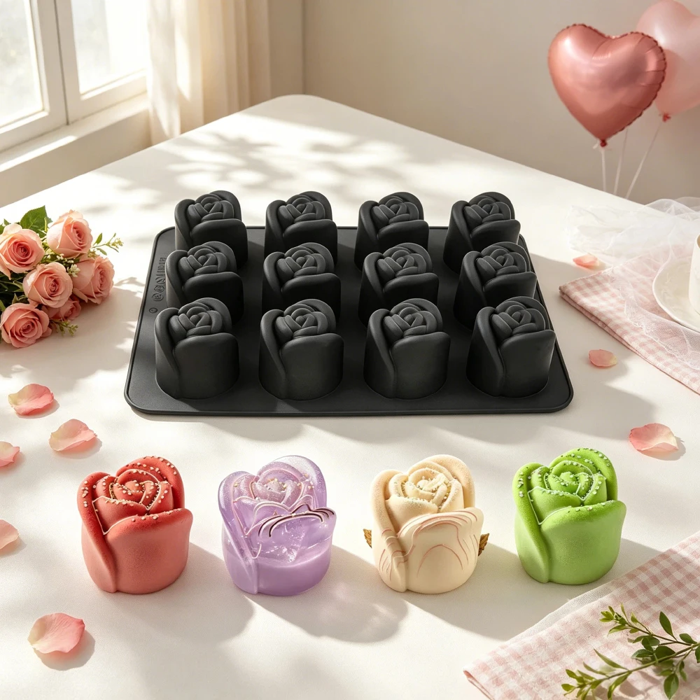 12 -Cell Rose Bud Design Valentine's Day French Mousse Cake Mold White or Black Silicone Cake Mould Chocolate Dessert Tools