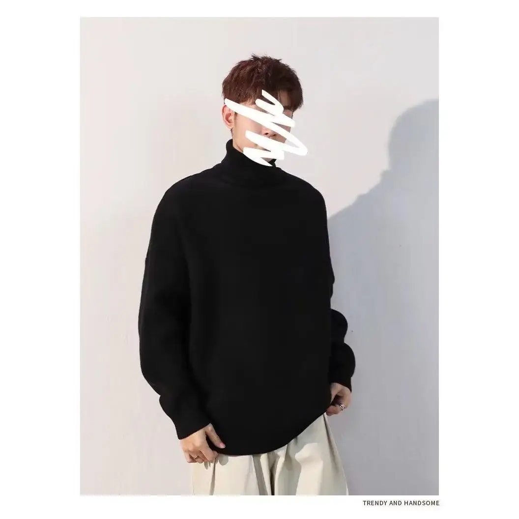 

Мужской вязаный свитер с высоким воротником, повседневный свободный крой, базовый слой, топ, чистый цвет, теплая зима-осень, сезонное полиэфирное волокно