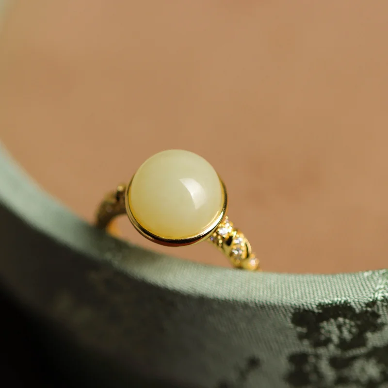 

S925 Sterling Silver Gold-Plated Yellow Mouth Hetian Jade Round Adjustable Women'S Ring