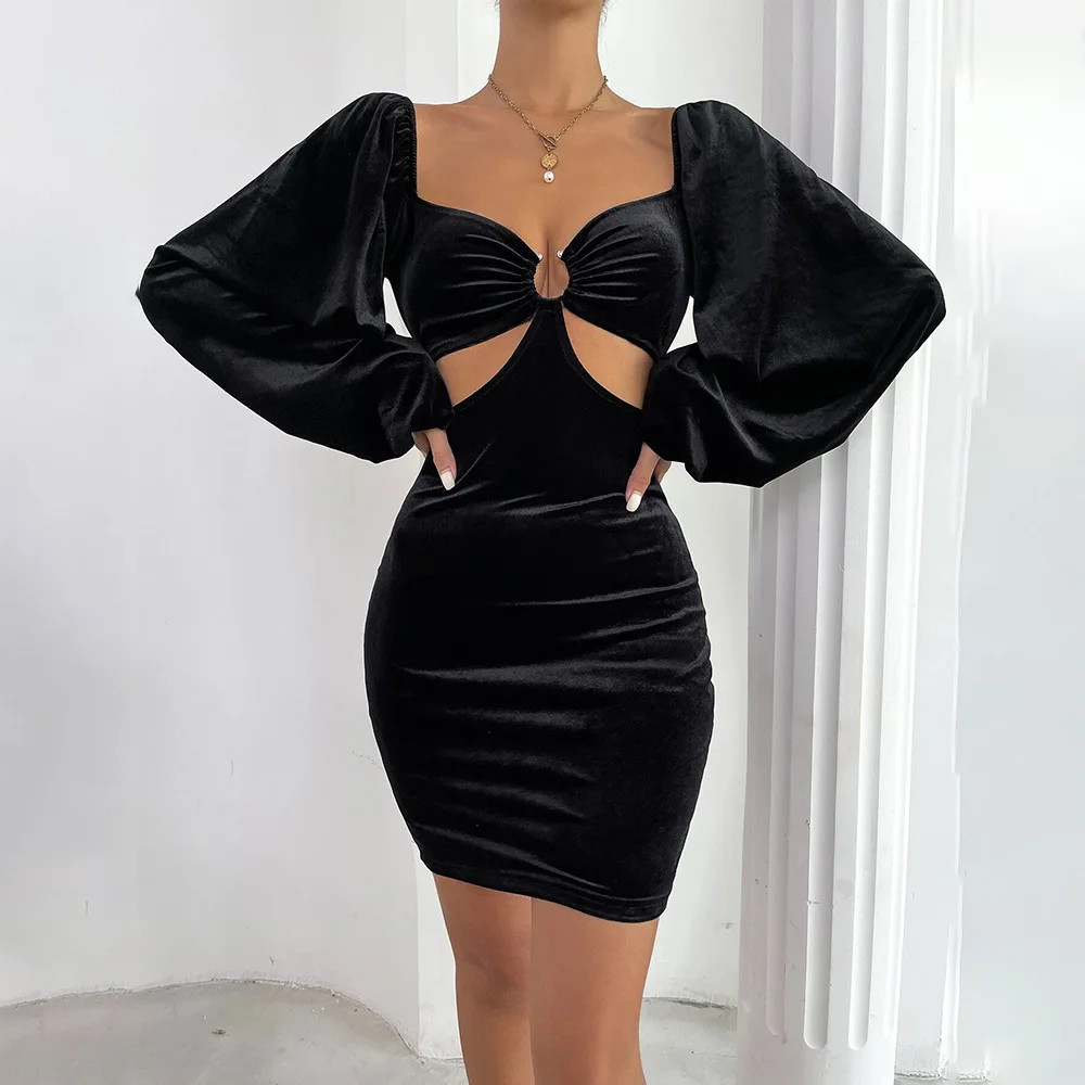 

2025 Winter Black Velvet Dress Seductive Cutout Circle Detail Fitted Silhouette Elegant Puff Sleeves Bodycon Bubble Sleeve Dress