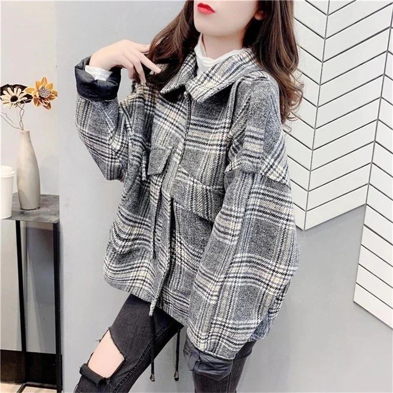 2024 Spring Women Woolen Plaid Shirt Jacket Female Autumn New Style Korean Loose Wild Hong Kong Retro Tops Woolen Short Jacket