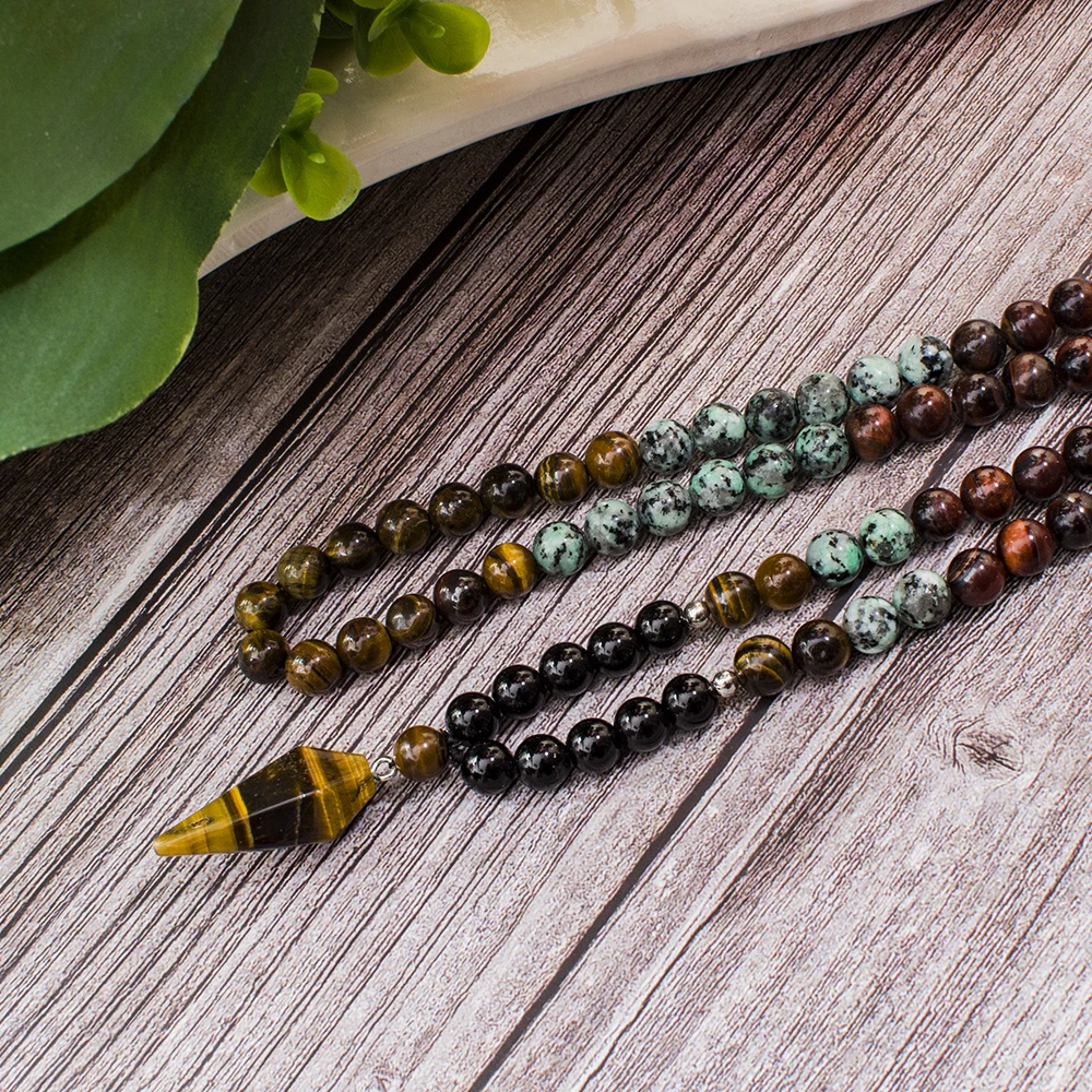 8mm onice nero turchese africano perline 108 Mala collana meditazione Yoga preghiera Japamala Set con gioielli ciondolo occhio di tigre