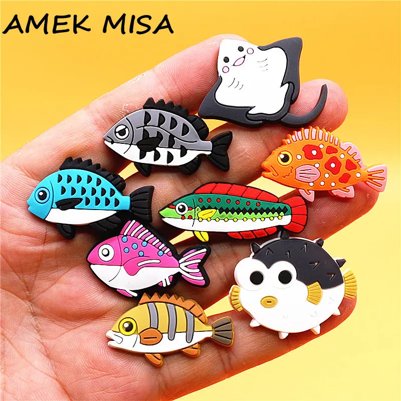 1pc Funny Marine Fish Series PVC Shoe Charms Accessories Fit Clog Pins Sandals Garden Shoe Decoration Wristband Kids Party Gifts