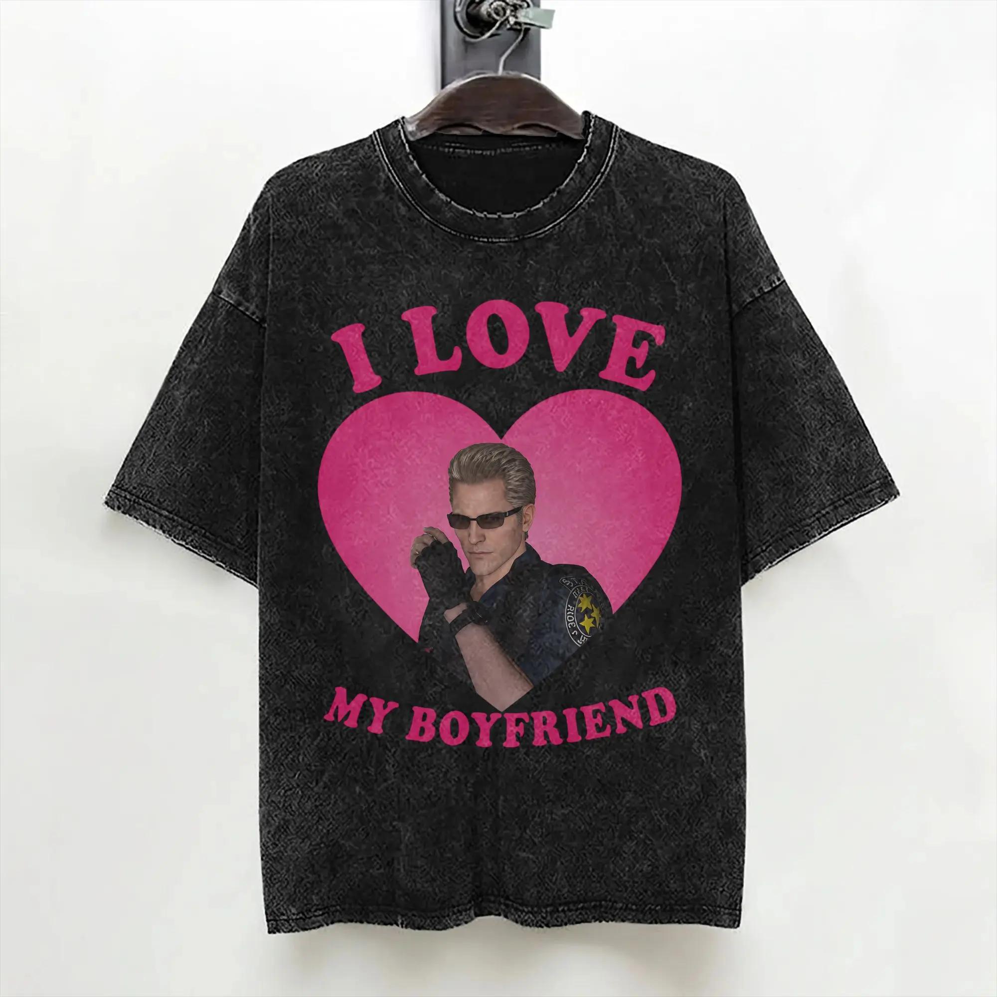 I Love My Boyfriend Albert Wesker Washed T Shirt Streetwear T-Shirts Tee Shirt for Men Women Short Sleeve Harajuku Graphic