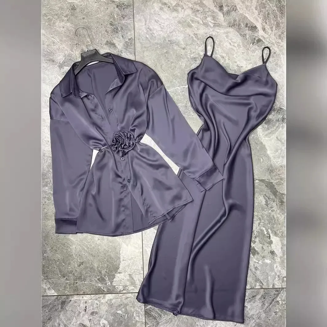 

Matching Sets Solid Ankle Length Sexy Camisole Dress Sets Single Breasted Turn Down Collar Blouses Button Loose Casual