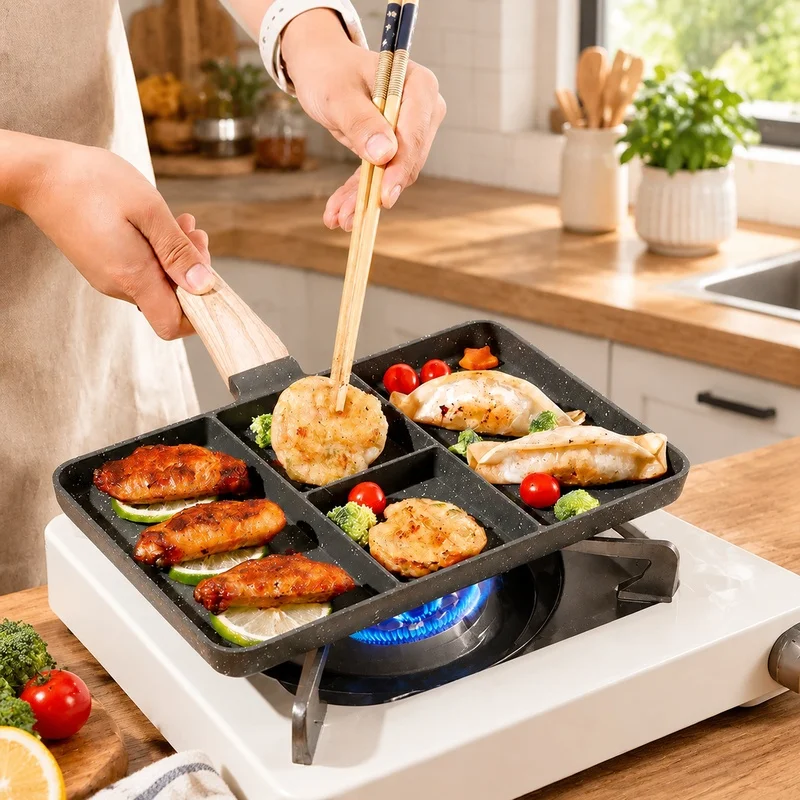 Multi-Compartment Nonstick Skillet with 4 Sections for Cooking Eggs, Fish, and Steaks on Gas or Induction Cooktops