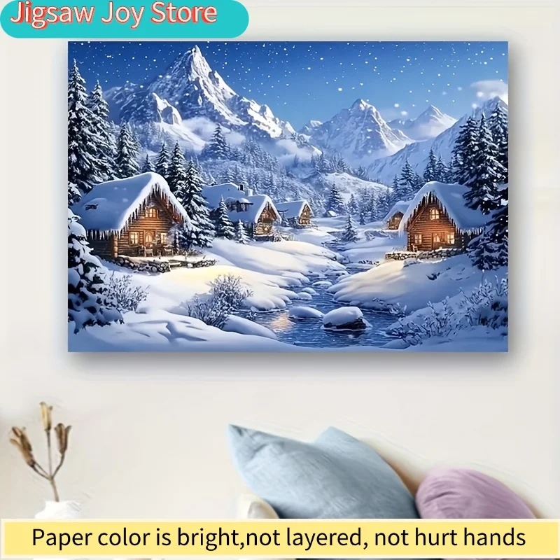 1000pcs Winter Mountain Puzzle - Snow-Covered Cottage Village with Pine Trees & Stream, Challenging for & Families, Winter Sce