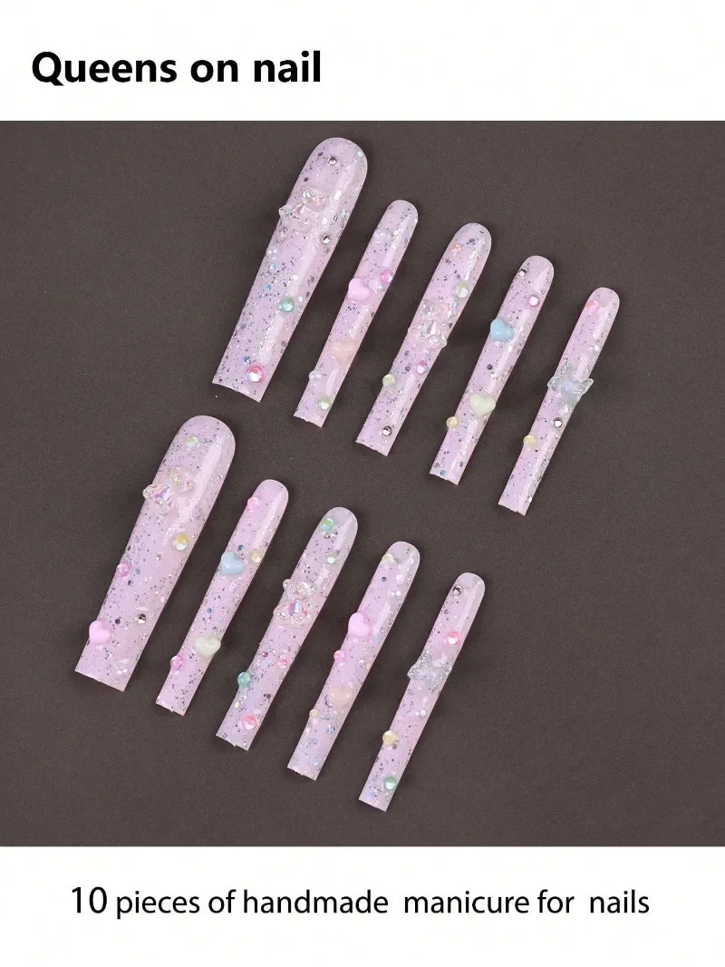 

10 Pieces of Handmade Fake Nails Fake Nails with Glue Press on Acrylic Nails Almond Faux Ongles Fantaisie Set Uñas Postizas