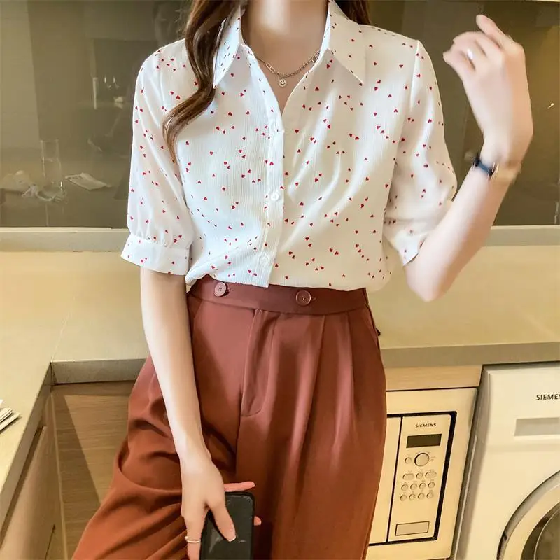 Summer Woman Clothes Chic French Romantic Style Sweet Heart Floral Elegant Polo-neck Youth Bright Lively Office Lady Fashionable