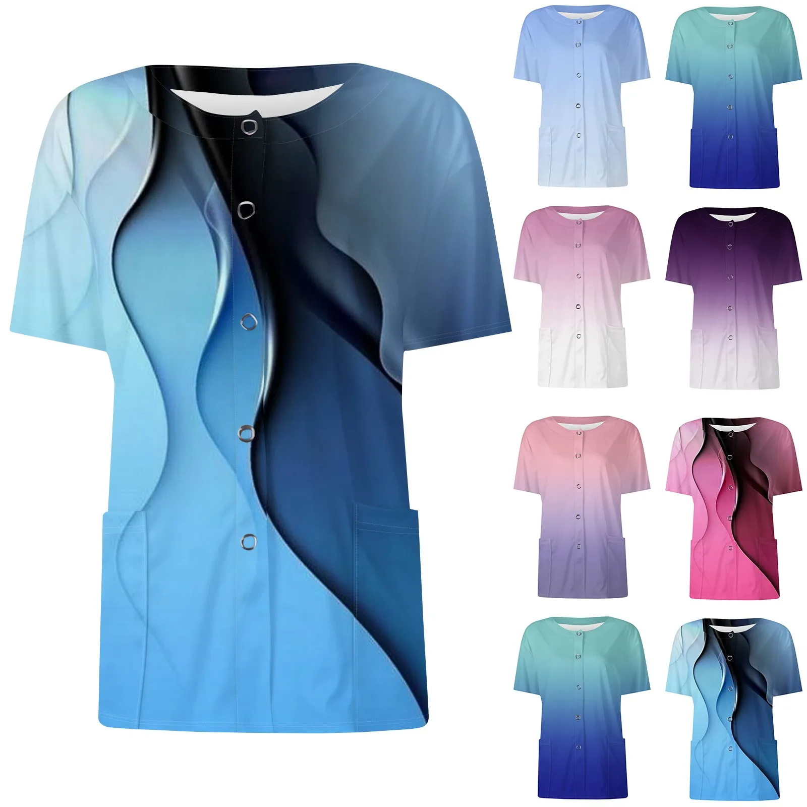 

Women's Short Sleeved Patterned Pockets Fashion Gradient Single Breasted Protective Clothing Hospital Clinical Cardigan Top