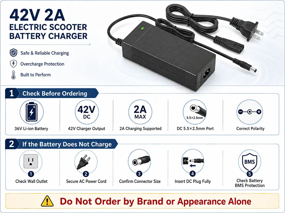 42V 2A 5A Electric Charger 1 Prong 5.5mm DC Plug for 36V 10S Lithium Battery Compatible with Gotrax Charger
