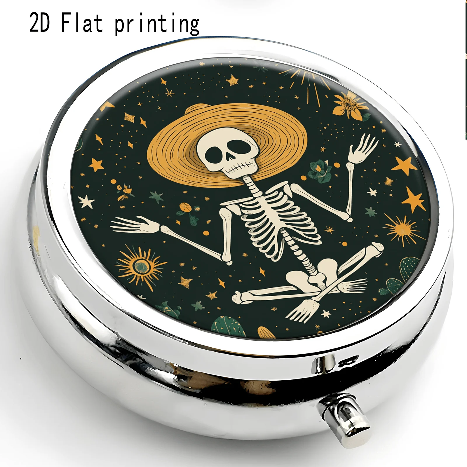 1Pc Flat Retro Western-Style Skull, Cactus, and Star Pattern Design, Round Three-Compartment Small Pill Box, Portable Medicine Storage, Small Jewelry Organizer, Suitable for Handbags or Travel, Holiday Gifts, Souvenirs, Prizes, Small Gifts, Suitable for Personal Use or as an Exquisite Gift Option