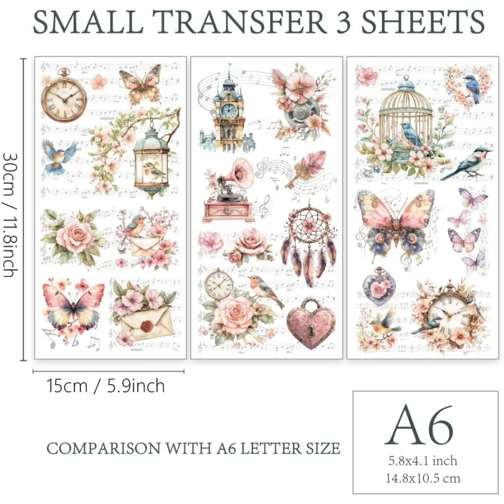 3 Sheets 3 Styles PVC Waterproof Decorative Stickers Self Adhesive Floral Decals for Furniture Decoration Clock 300x150mm