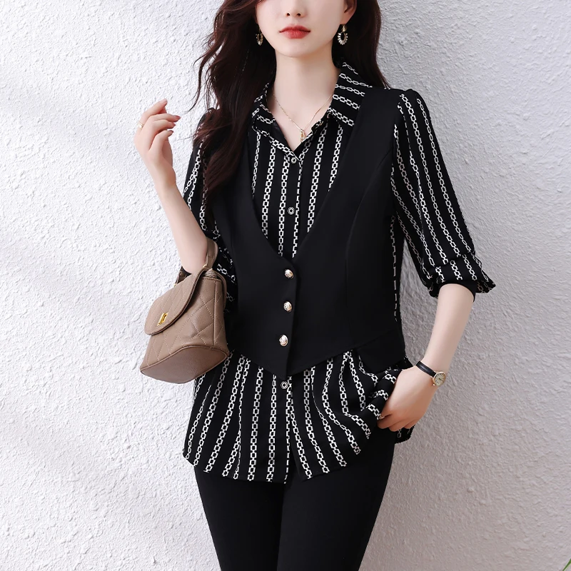 #2823 Spring Autumn False Two Piece Shirts Women Long Sleeve Split Joint Office Shirts France Style Vintage Shirts Regular Fit