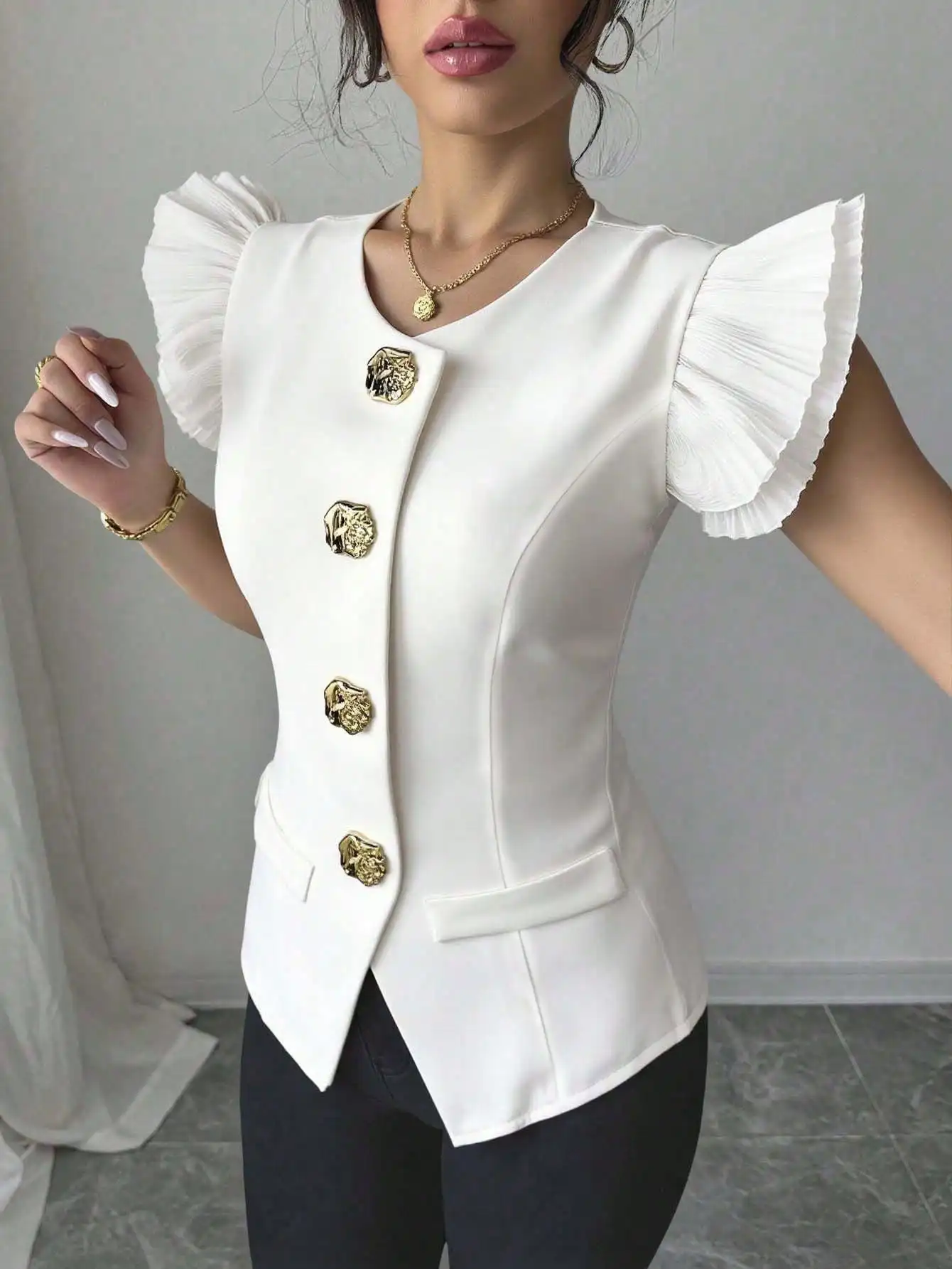 

Women's White Blazer With Ruffle Puff Sleeves And Gold Buttons