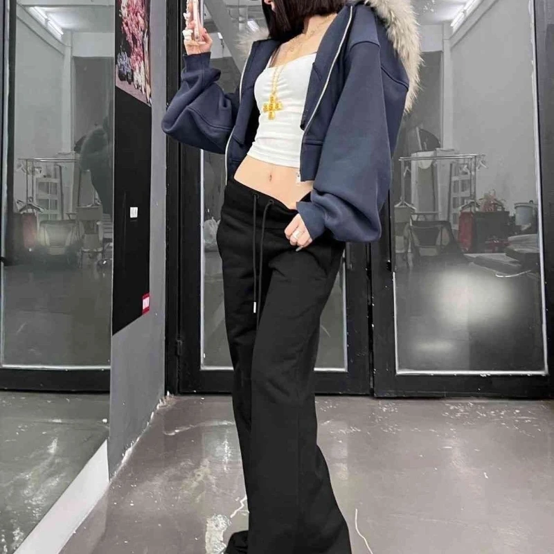 Deeptown Vintage Fur Collar Zipper Hoodies Women Harajuku Fashion Crop Hooded Sweatshirt Korean Style Casual High Street Hoodies