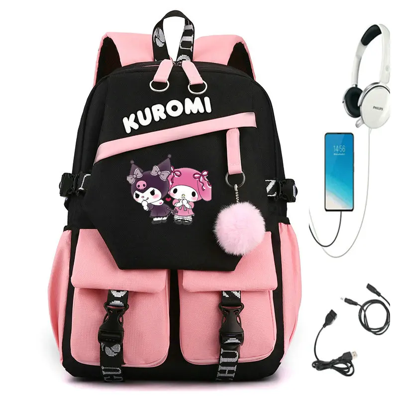 Mochila MINISO encantadora Kuromi Melody, mochila escolar USB para niñas y niños para adolescentes, mochila de lona para ordenador portátil, mochila con capacidad de Anime