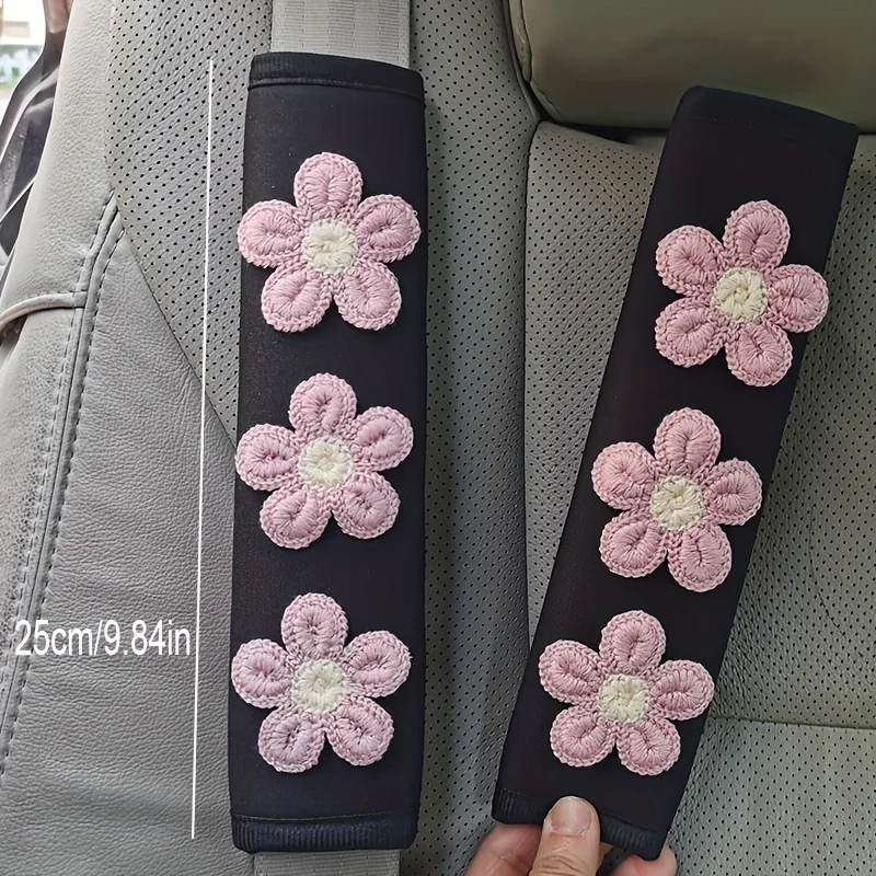 2pcs Ice Silk Pink Flower Shoulder Protection Cartoon Creative Car Seat Belt Shoulder Protection Small Flower Interior 7 colors