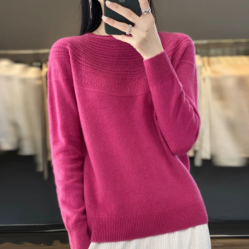 Spring Autumn New Ladies Soft Breathable Sweater Wool Blend Curled Round Neck Hollow Out Pullover Knitted Sweater Slim-Fit Tops