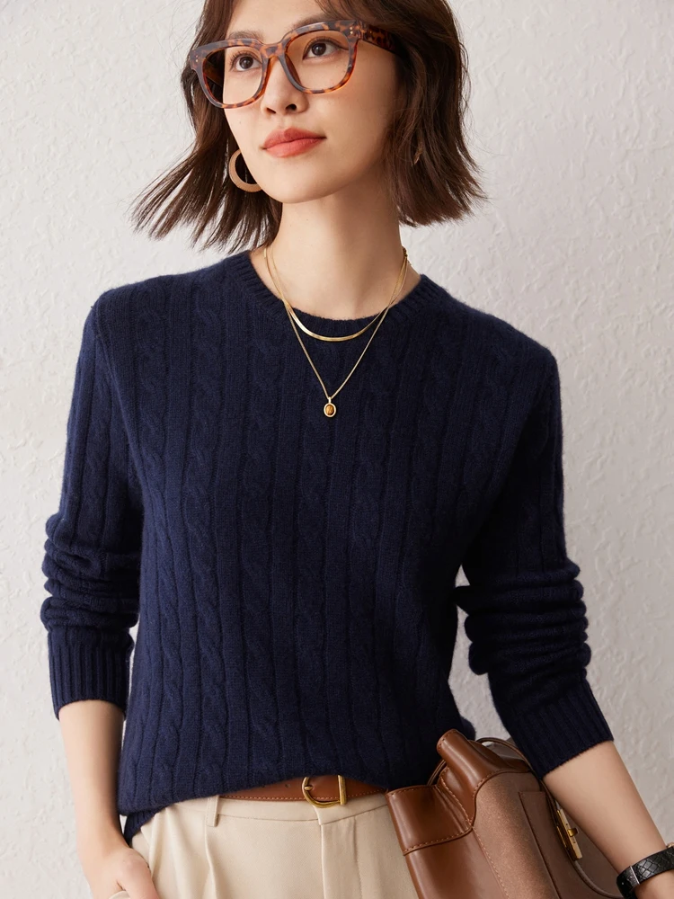 CHICUU Women 100% Cashmere Sweater O-neck Pullover Cable Knitting Vintage Preppy Style Cashmere Knitwear Autumn Winter Clothing