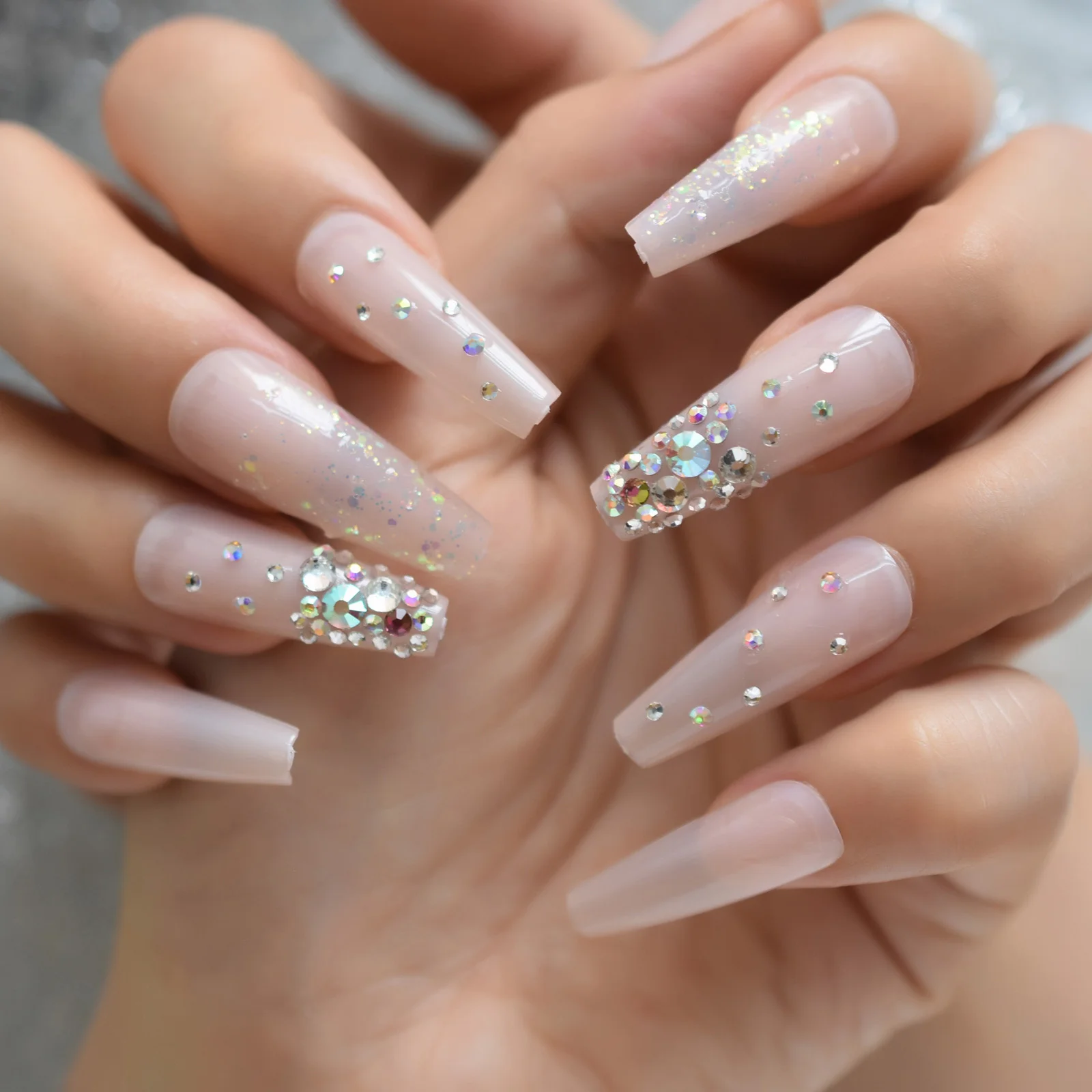 Super Lange 3D Kristallen Edelstenen Druk op Nagels Glanzende Glitter Jelly Roze Naakt Franse Ballerina Doodskist Valse Fake Finger Wear UV Nagels