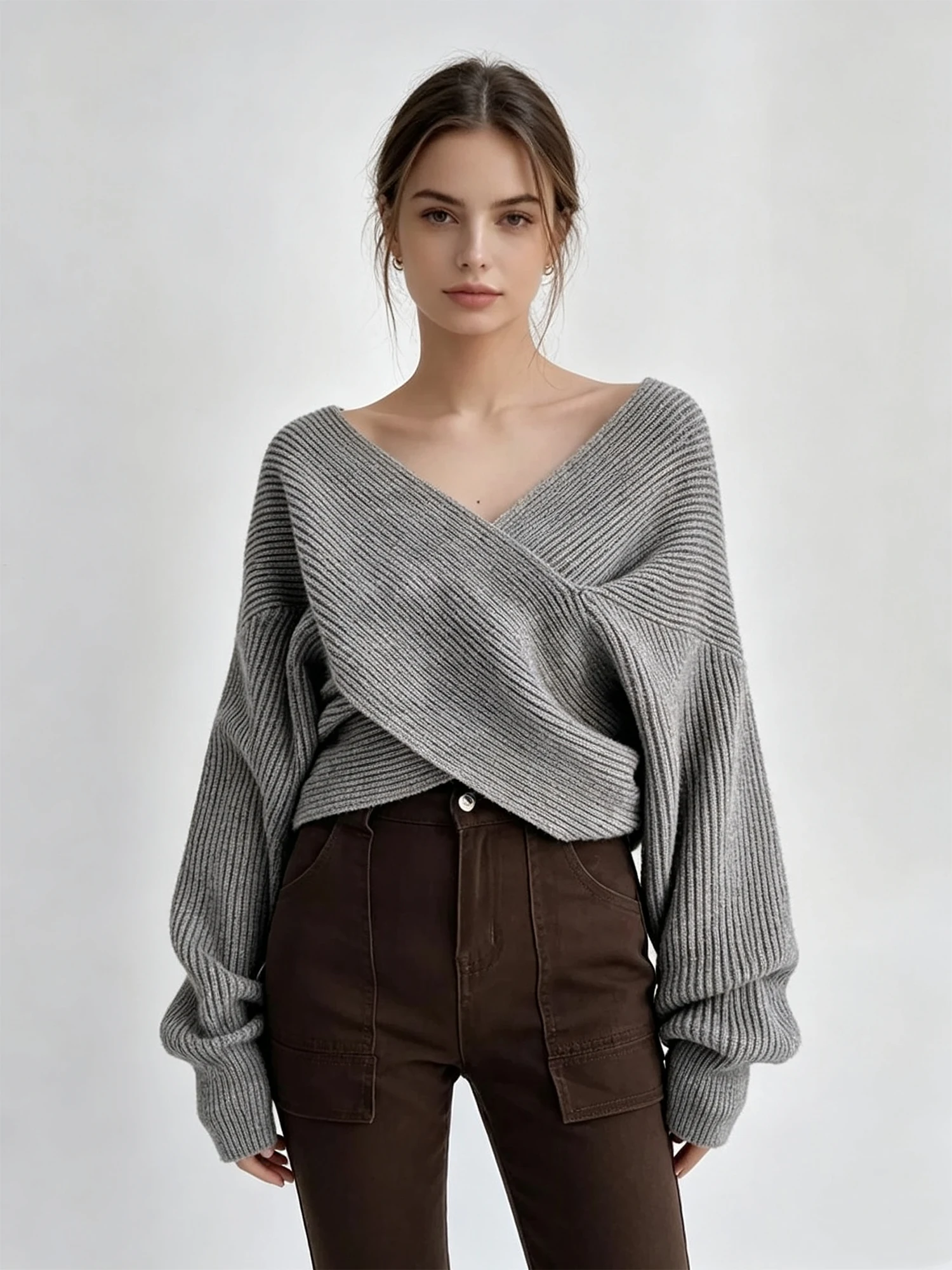 Women's Grey V-Neck Pullover Sweater Y2k Gyaru Vintage Fashion Long Sleeve Knitwear Sweater Korean Style Knit for Women 2026