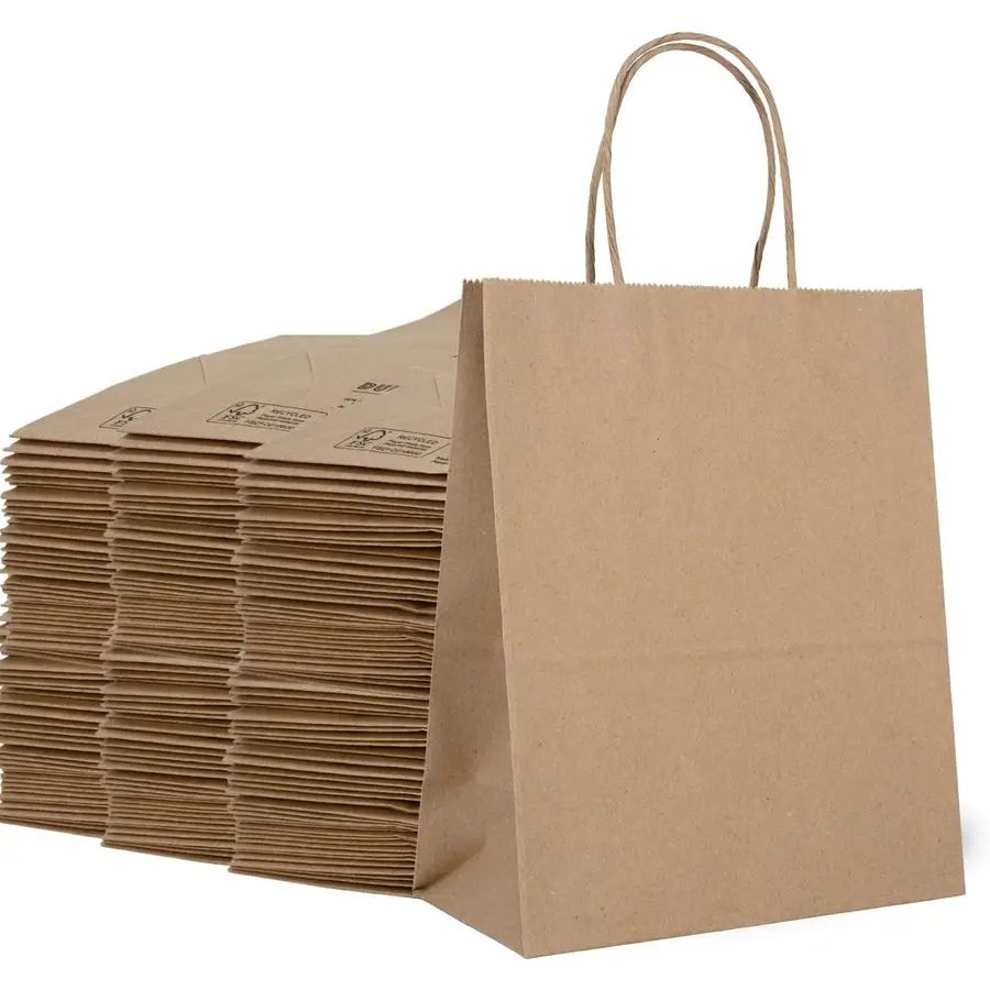 

60 8x4.5x10.25 Brown Paper Bags for Small Business, Small Kraft Bags with Handles, Holidays, Party Favors, Retail Shopping amp C