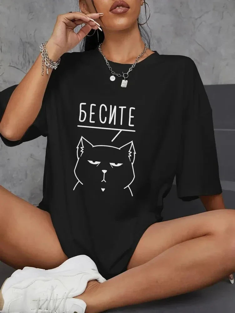 Summer Oversized Short Sleeve T Shirt Minimalist Line Drawing Cat Print Loose Crew Neck Tees Streetwear Casual Daily Tops Y2k