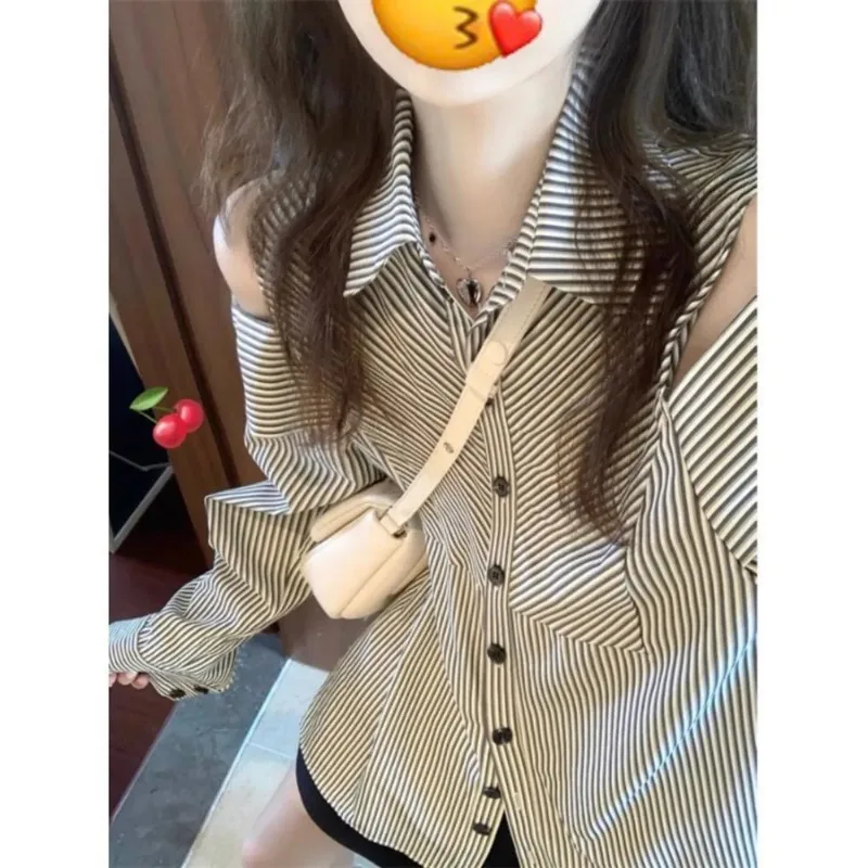 Off-shoulder Top Striped Long-sleeved Shirt Women's Audrey Style Coat Button Lapel Cardigan Fashion Top