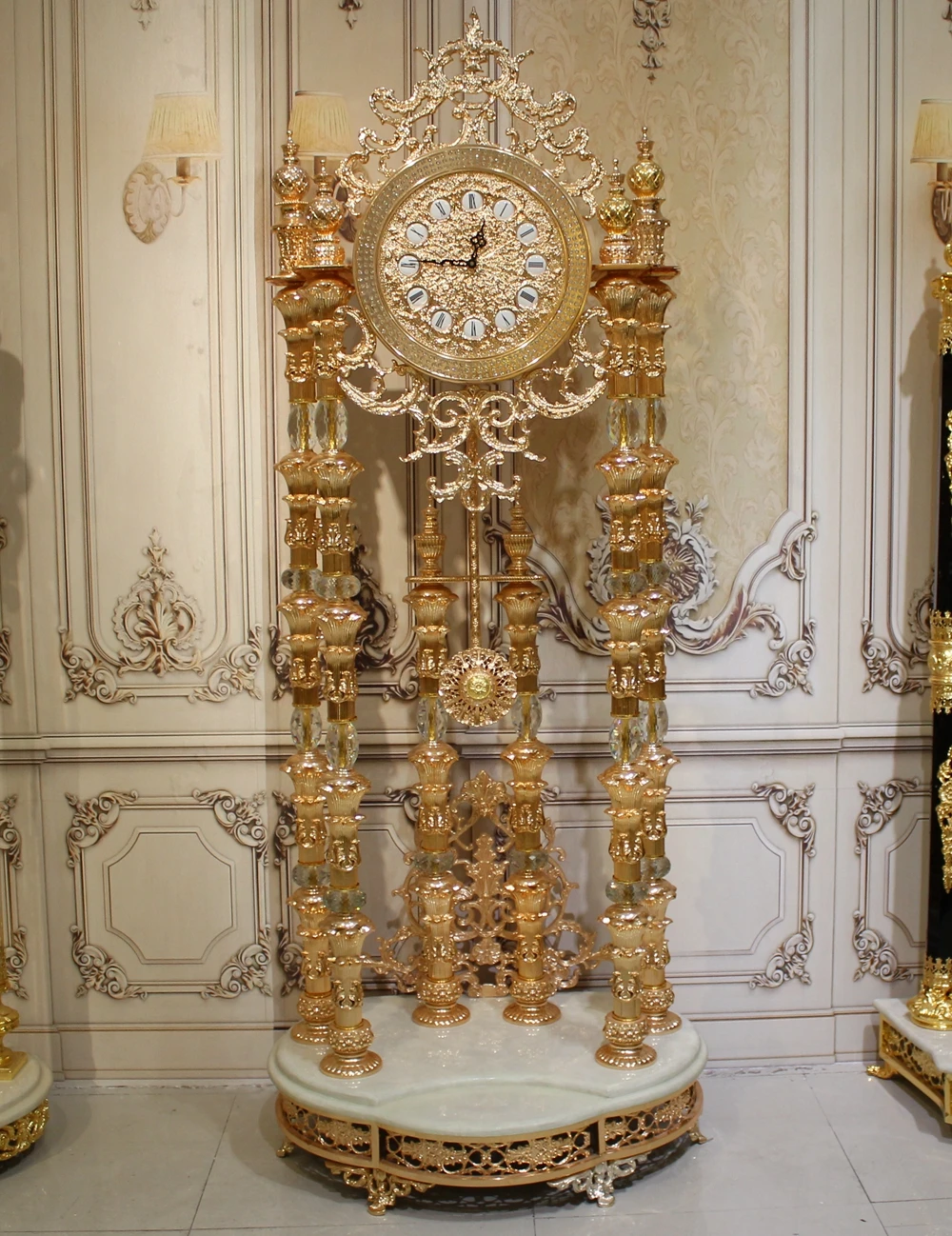 Luxury Gold Bronze Grandfather Bell Royal Crystal Standing Clock Antique Floor Clock