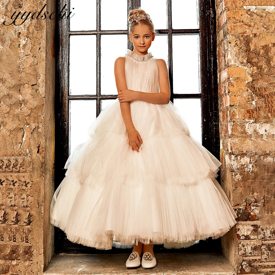 

Customized Elegant Pearls Beaded High Neck Ball Gown Flower Girl Dress 2024 Tulle Tiered Birthday Party Kid First Communion Gown