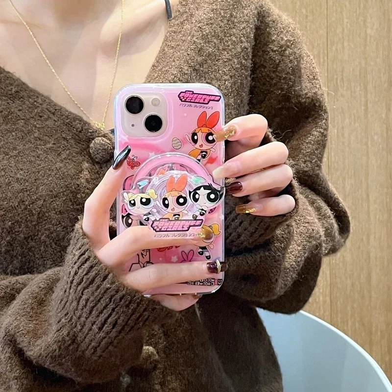 

Cute The Powerpuff Girls Magnetic Bracket Magsafe Wireless Charge Phone Case For iPhone 15 14 13 12 11 Pro Max Clear Hard Cover