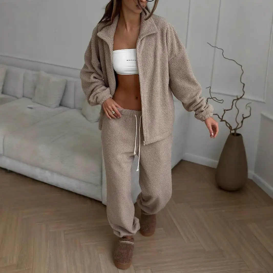 여성 스포츠 스웨트 셔츠 카디건 세트 스트리트 스타일 단색 로우 웨이스트 캐주얼 팬츠 가을 겨울 신상품