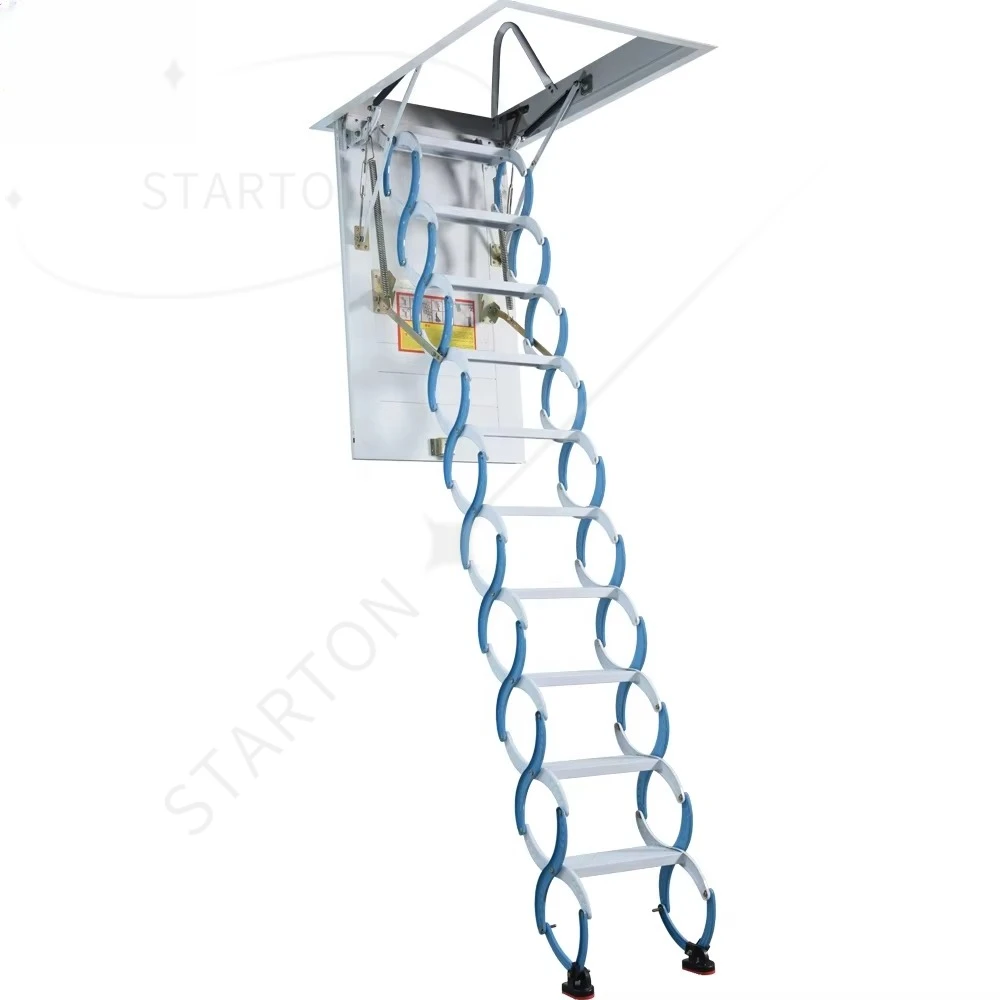 Blue Manual Telescoping Upright Folding Attic Ladder