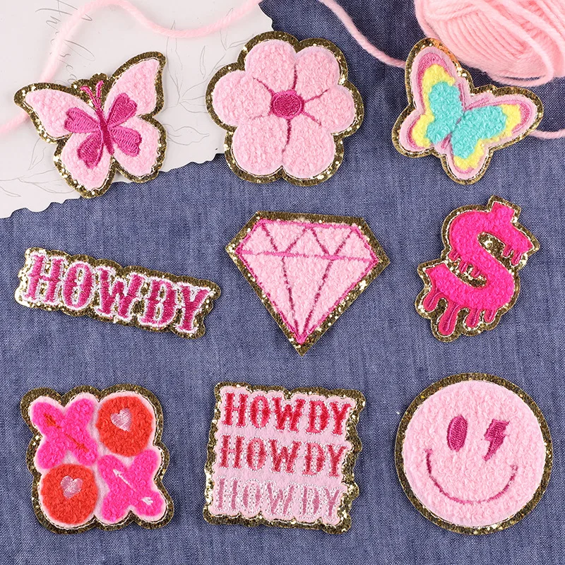 New Fashion Pink Chenille Embroidery Butterfly Flower Applique Letter Patches Embroidery Badge Clothes Iron-on Patches Emblem